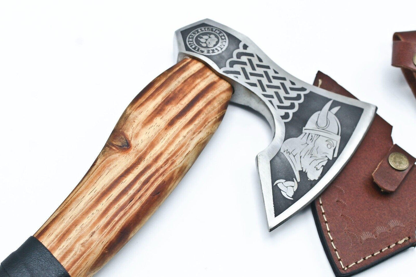 Handmade Etched High Carbon Steel Viking Axe with Leather Wrapped Ash Wood Handle and Sheath