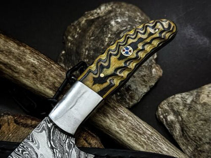 Unique Handmade Damascus Chef Knife | Wood Handle, Cow Leather Sheath, Full Tang