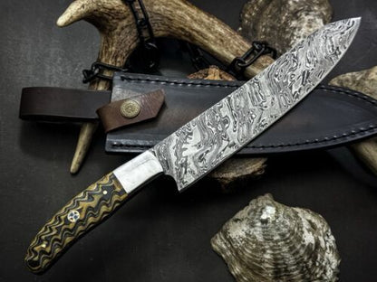 Unique Handmade Damascus Chef Knife | Wood Handle, Cow Leather Sheath, Full Tang