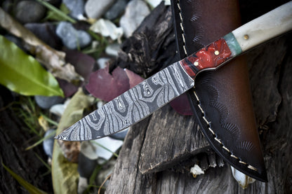 8.0 in Handmade Skinner Knife Twist Damascus Bone Micarta Bolster EDC