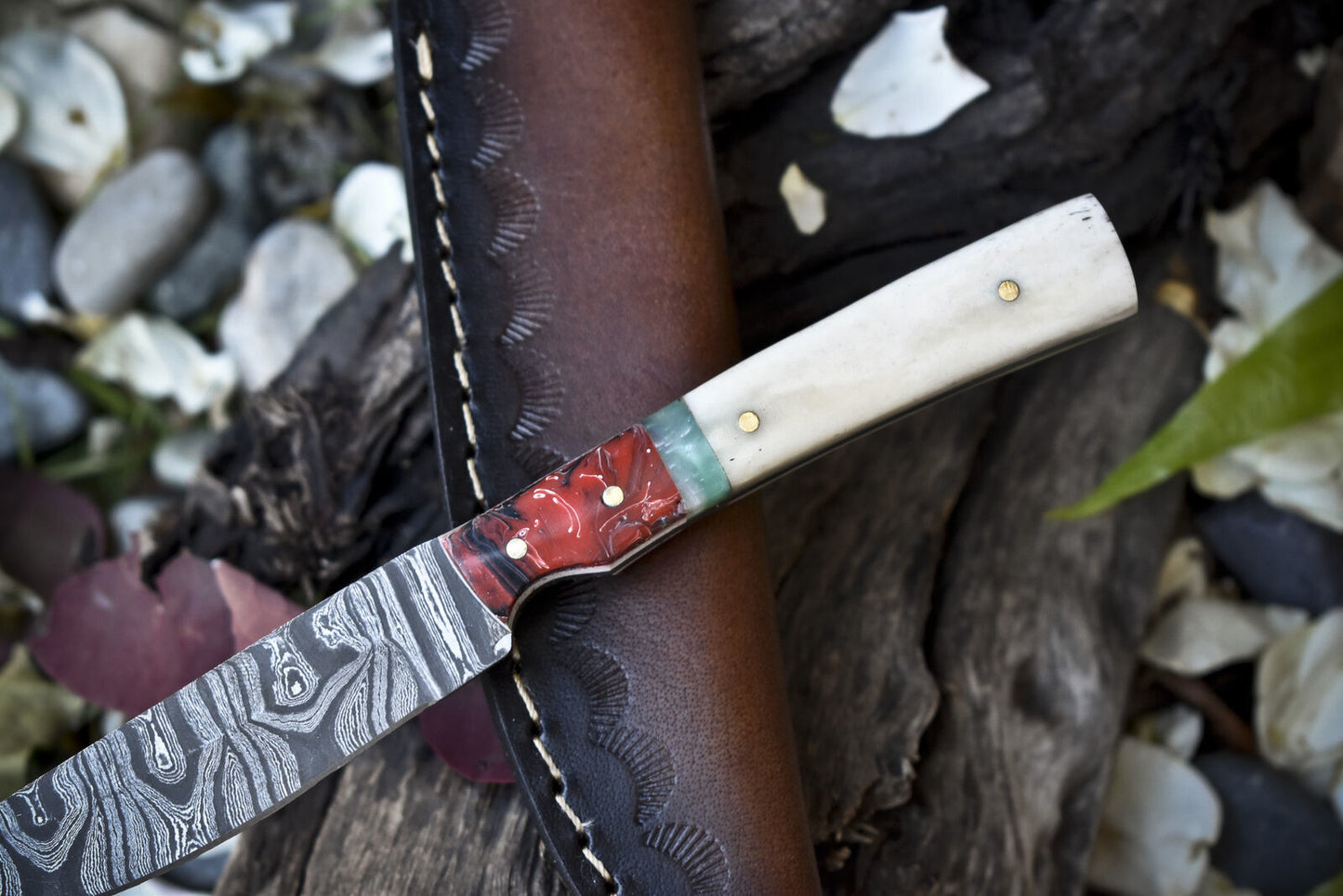 8.0 in Handmade Skinner Knife Twist Damascus Bone Micarta Bolster EDC