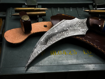 8" Handmade Damascus Karambit Knife Hunting knife Karambit With Sheath and Wood Handle