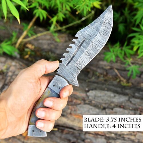 Custom Handmade Damascus Steel Tracker Knife – 10" Fixed Blade with Camel Bone Handle