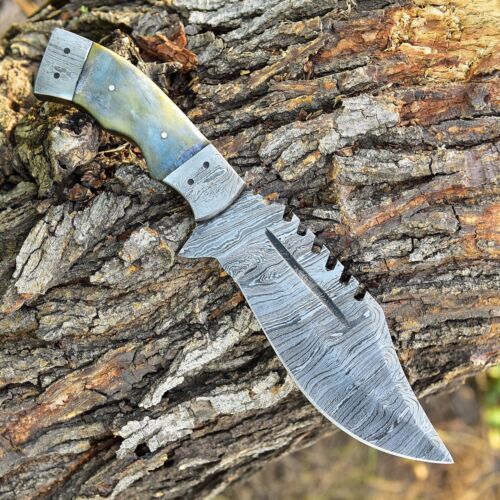 Custom Handmade Damascus Steel Tracker Knife – 10" Fixed Blade with Camel Bone Handle
