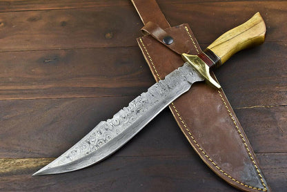 14.5" Damascus Bowie Knife – Walnut Wood Handle with Brass Guard
