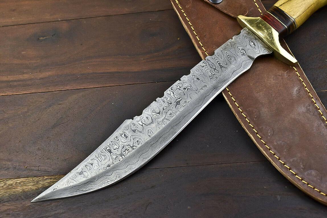 14.5" Damascus Bowie Knife – Walnut Wood Handle with Brass Guard