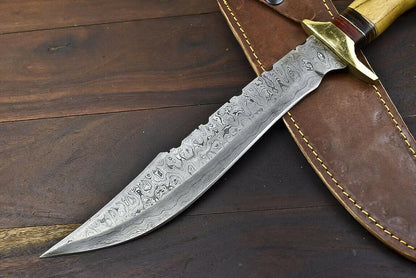 14.5" Damascus Bowie Knife – Walnut Wood Handle with Brass Guard