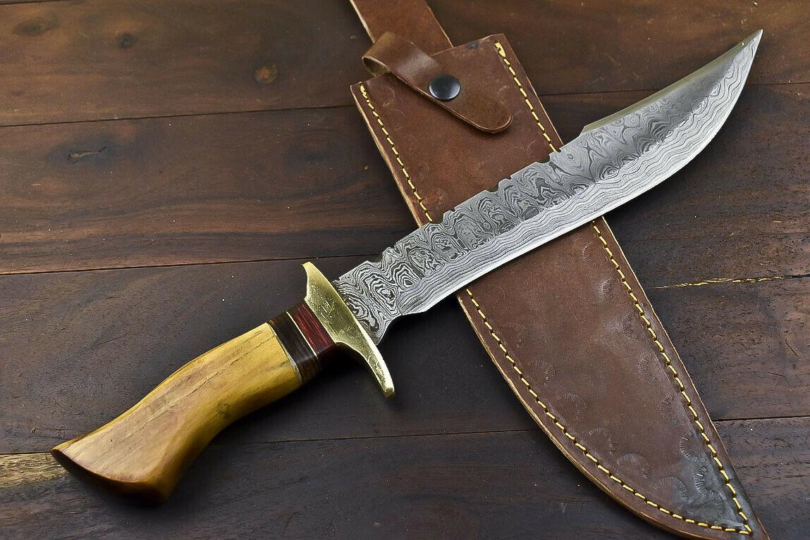 14.5" Damascus Bowie Knife – Walnut Wood Handle with Brass Guard