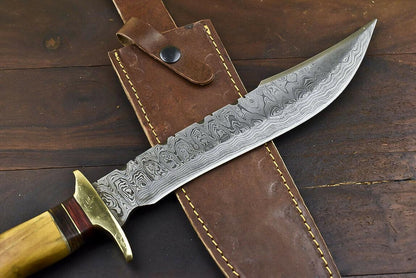 14.5" Damascus Bowie Knife – Walnut Wood Handle with Brass Guard