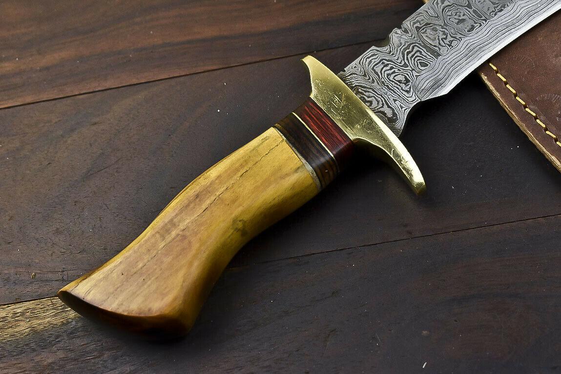 14.5" Damascus Bowie Knife – Walnut Wood Handle with Brass Guard