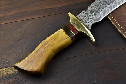 14.5" Damascus Bowie Knife – Walnut Wood Handle with Brass Guard