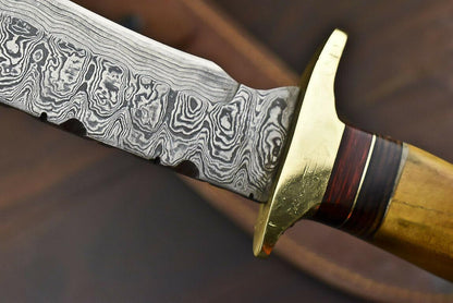14.5" Damascus Bowie Knife – Walnut Wood Handle with Brass Guard