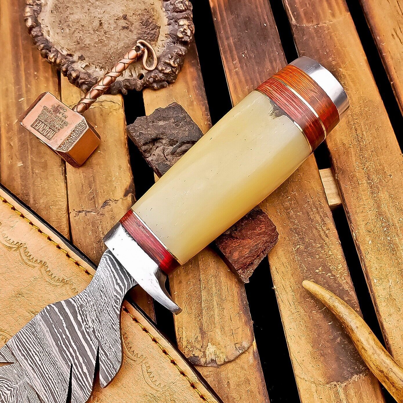 12 Inch Damascus Steel Bowie Knife with Camel Bone Handle and Steel Bolster