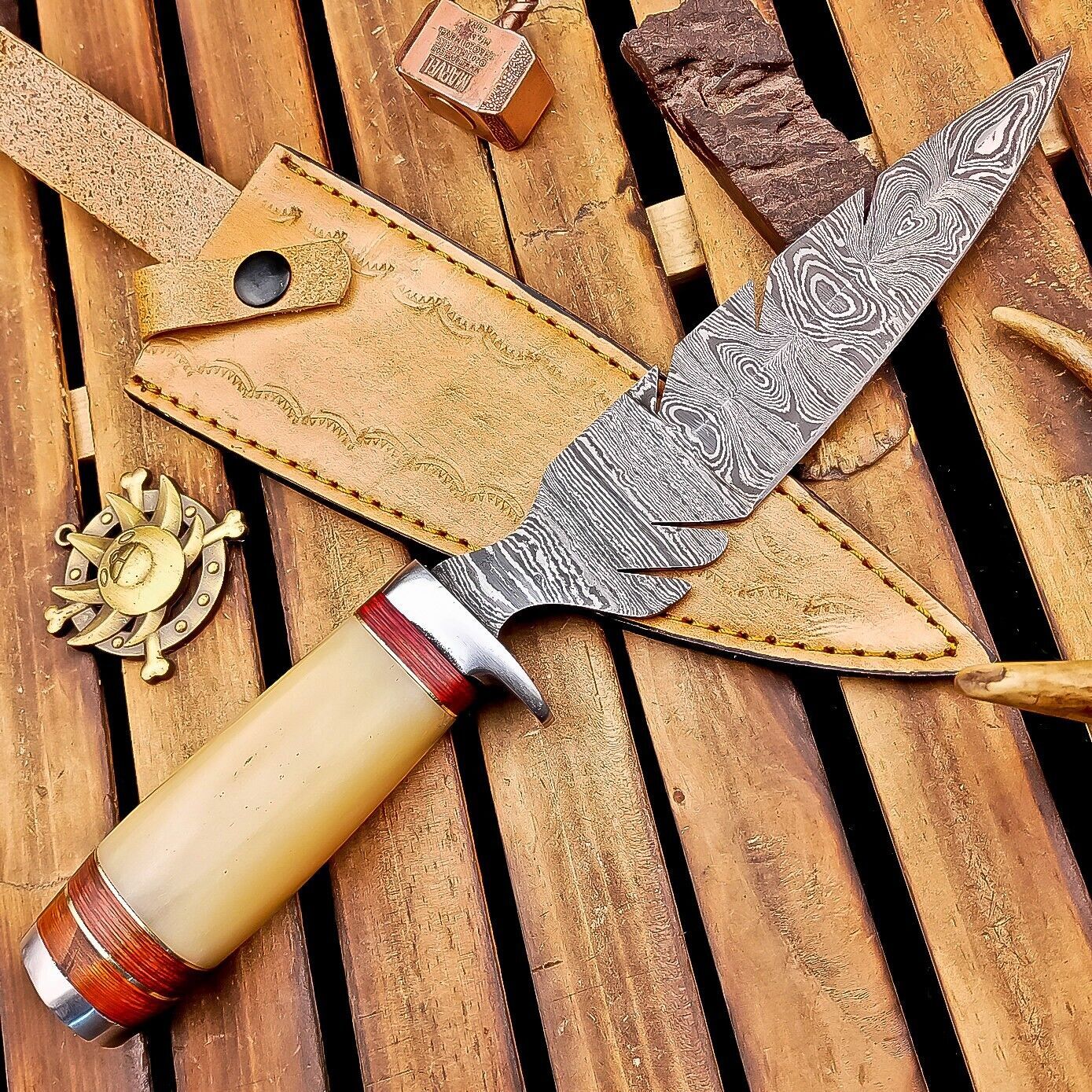 12 Inch Damascus Steel Bowie Knife with Camel Bone Handle and Steel Bolster