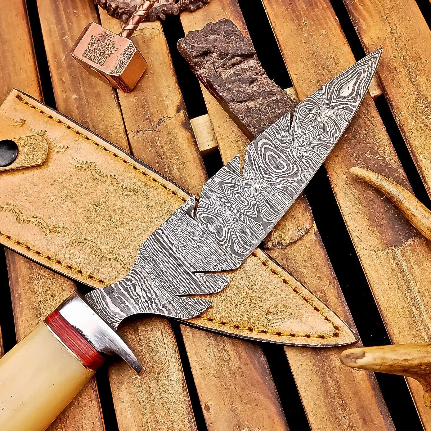 12 Inch Damascus Steel Bowie Knife with Camel Bone Handle and Steel Bolster
