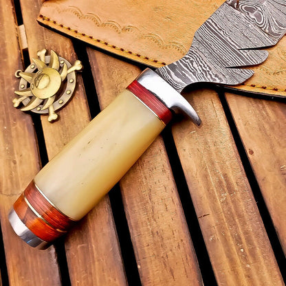 12 Inch Damascus Steel Bowie Knife with Camel Bone Handle and Steel Bolster