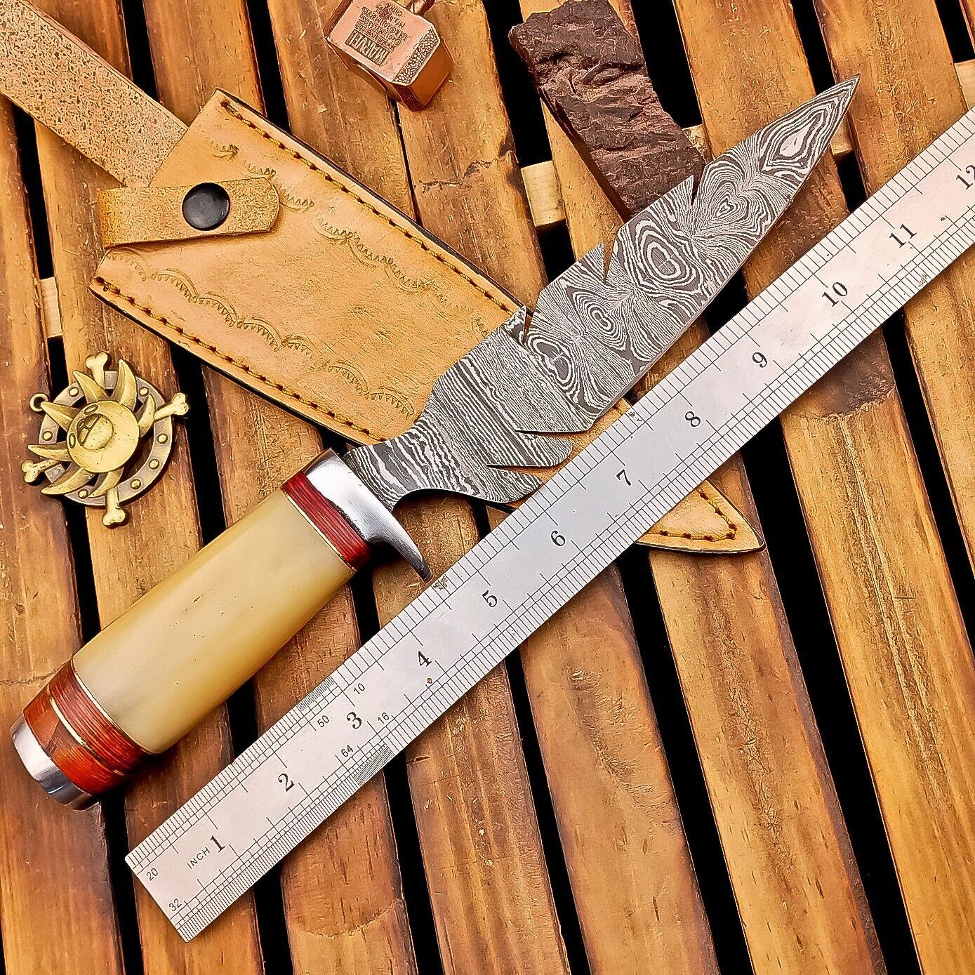 12 Inch Damascus Steel Bowie Knife with Camel Bone Handle and Steel Bolster
