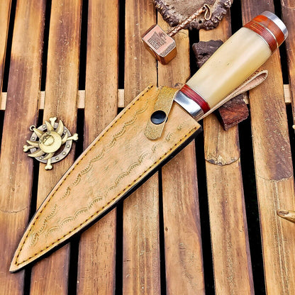 12 Inch Damascus Steel Bowie Knife with Camel Bone Handle and Steel Bolster