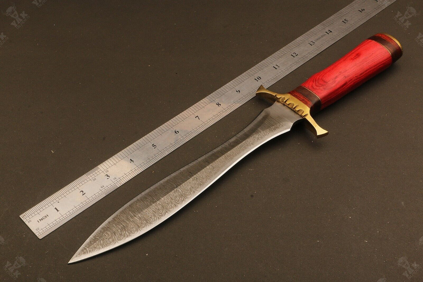 15.5" Handmade Fire Damascus Steel Dagger Bowie Knife | Wood Handle