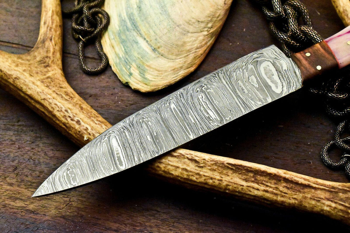 Custom Hand Made Damascus Steel Chef Knife with Stained Camel Bone Handle, Full Tang, 7.5-Inch Blade, 12.5-Inch Overall, Oil-Tempered 58-60 HRC, Handcrafted