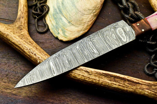 Custom Hand Made Damascus Steel Chef Knife with Stained Camel Bone Handle, Full Tang, 7.5-Inch Blade, 12.5-Inch Overall, Oil-Tempered 58-60 HRC, Handcrafted