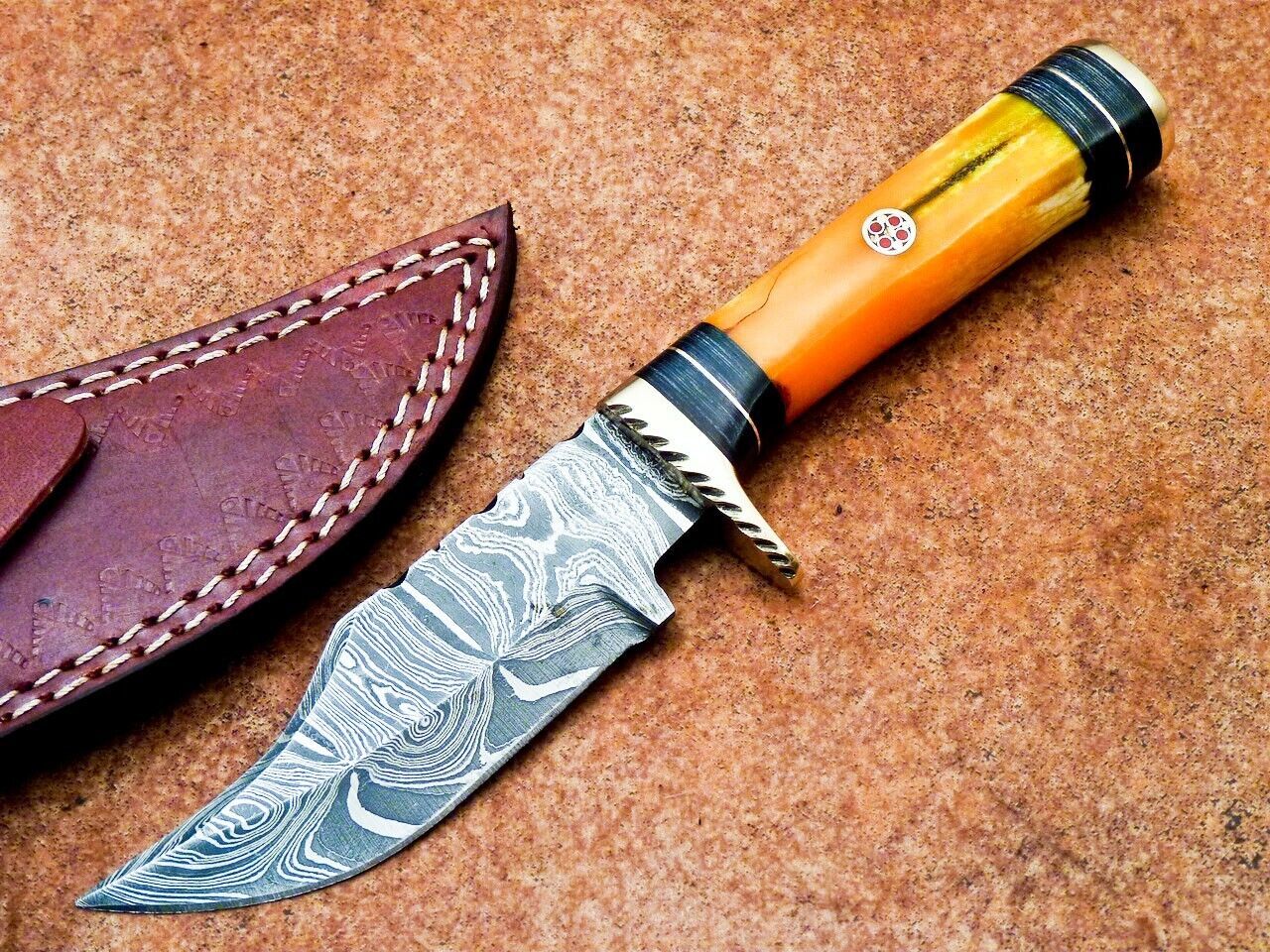8" Custom Handmade Damascus Hunting Bowie Knife – Dyed Camel Bone Handle