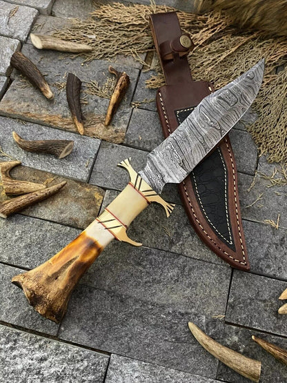 Heritage Forge Damascus Steel Bowie Knife with Rosewood and Bone Handle – Handmade with Leather Sheath