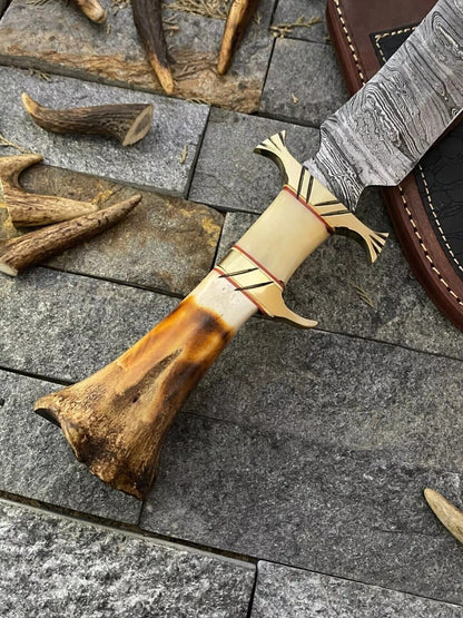 Heritage Forge Damascus Steel Bowie Knife with Rosewood and Bone Handle – Handmade with Leather Sheath