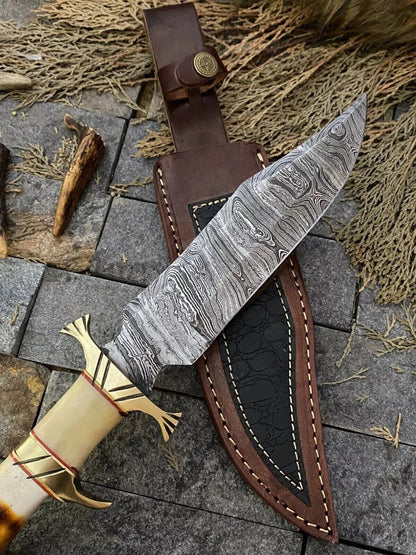 Heritage Forge Damascus Steel Bowie Knife with Rosewood and Bone Handle – Handmade with Leather Sheath