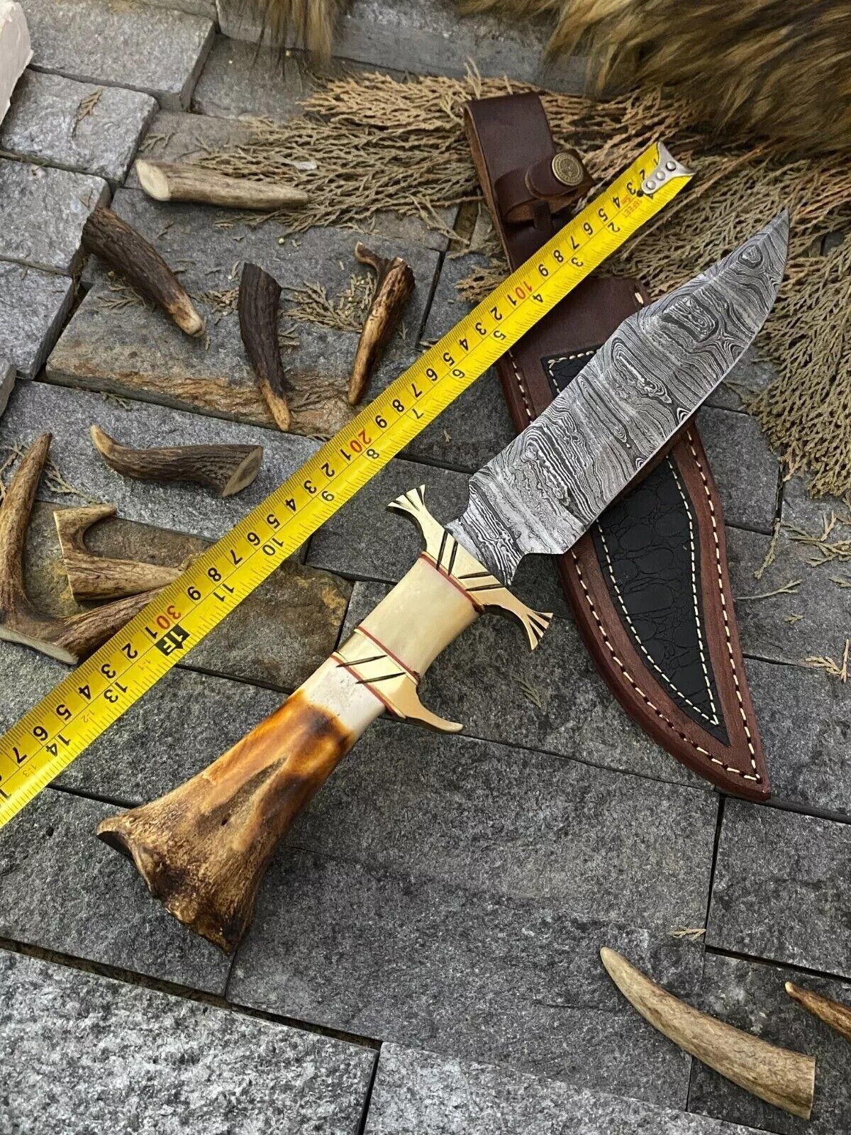 Heritage Forge Damascus Steel Bowie Knife with Rosewood and Bone Handle – Handmade with Leather Sheath