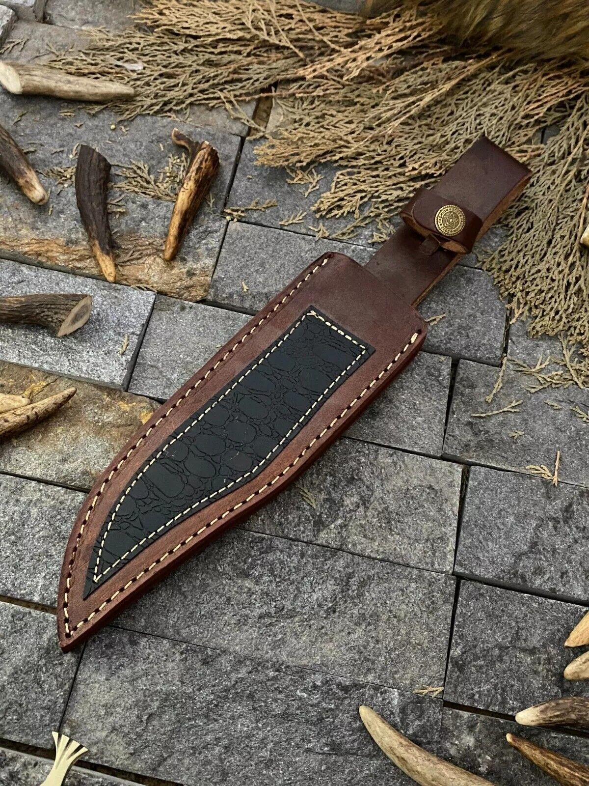 Heritage Forge Damascus Steel Bowie Knife with Rosewood and Bone Handle – Handmade with Leather Sheath