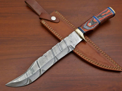 Handmade Damascus Bowie Knife – Pakka Wood Handle & Brass Guard, 12"