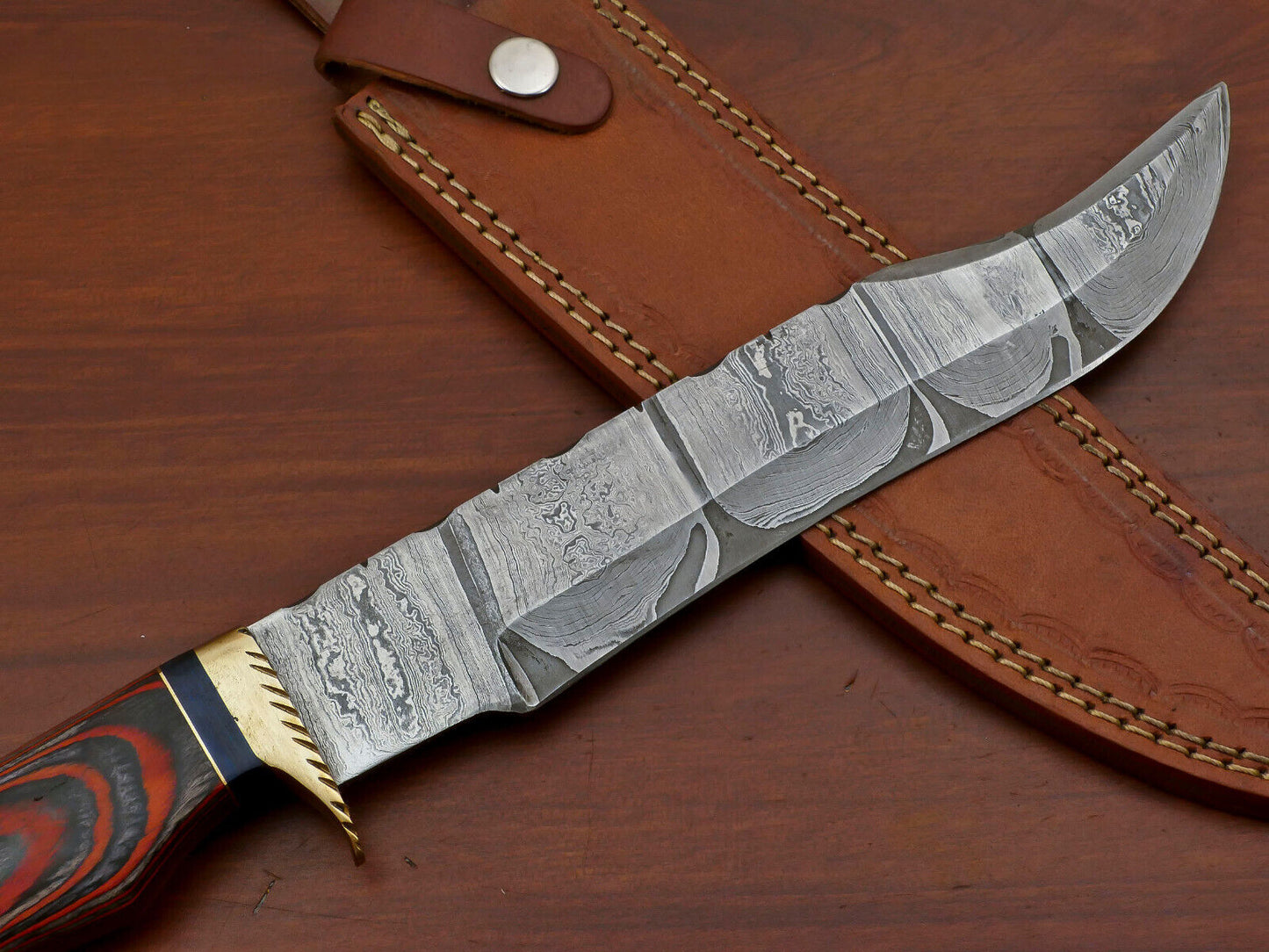Handmade Damascus Bowie Knife – Pakka Wood Handle & Brass Guard, 12"