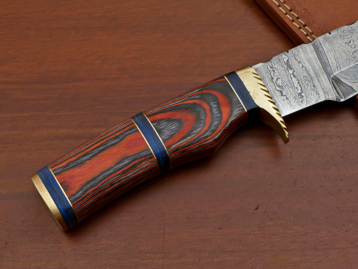Handmade Damascus Bowie Knife – Pakka Wood Handle & Brass Guard, 12"