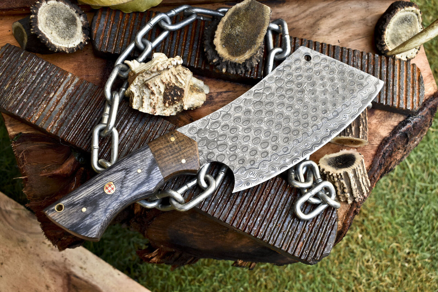 Custom Clever Chopper Chef Knife Rain Drop Damascus Hard Wood Survival