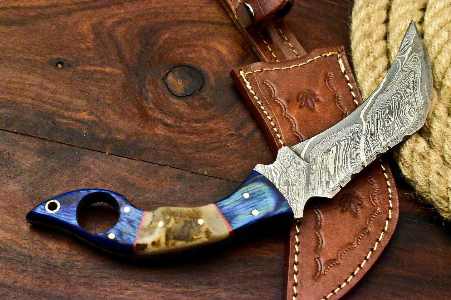 Handmade Damascus Karambit Full Tang Karambit Damascus Steel Knife With Ram’s Horn Handle