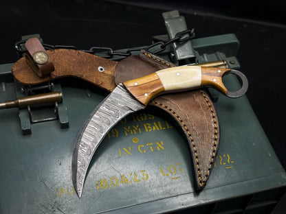 8” Handmade Damascus Karambit Knife Damascus Steel Karambit with Wood and Bone Handle