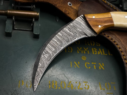 8” Handmade Damascus Karambit Knife Damascus Steel Karambit with Wood and Bone Handle