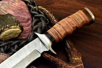 Custom Handmade Damascus Steel Bowie Knife | 12" Stacked Leather Hunting Blade with Sheath
