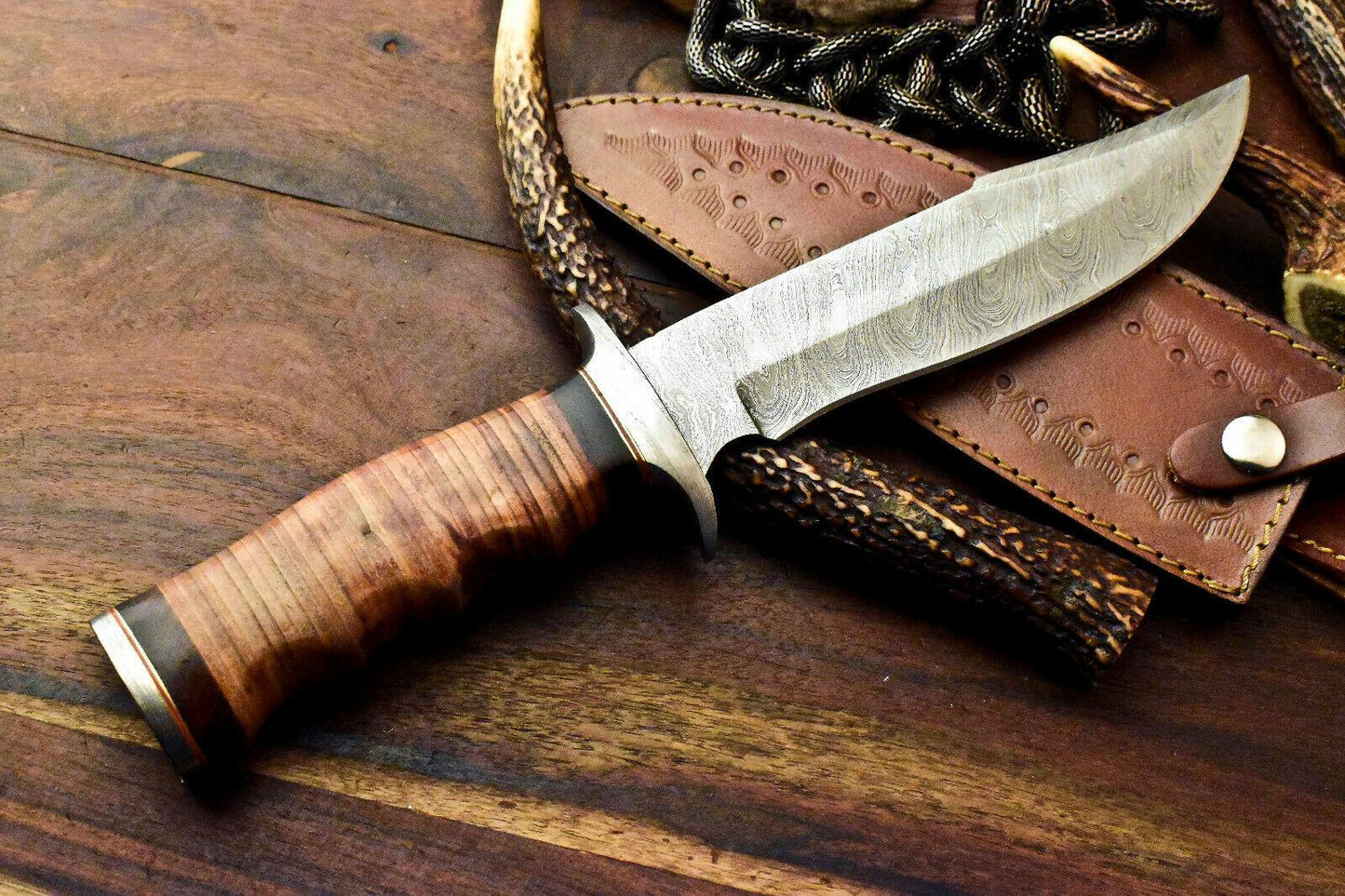 Custom Handmade Damascus Steel Bowie Knife | 12" Stacked Leather Hunting Blade with Sheath