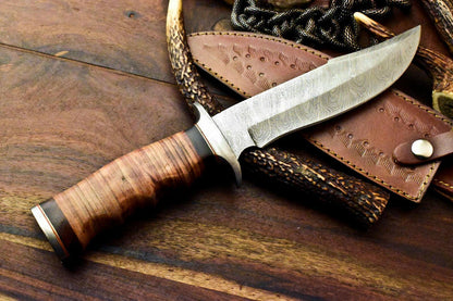 Custom Handmade Damascus Steel Bowie Knife | 12" Stacked Leather Hunting Blade with Sheath