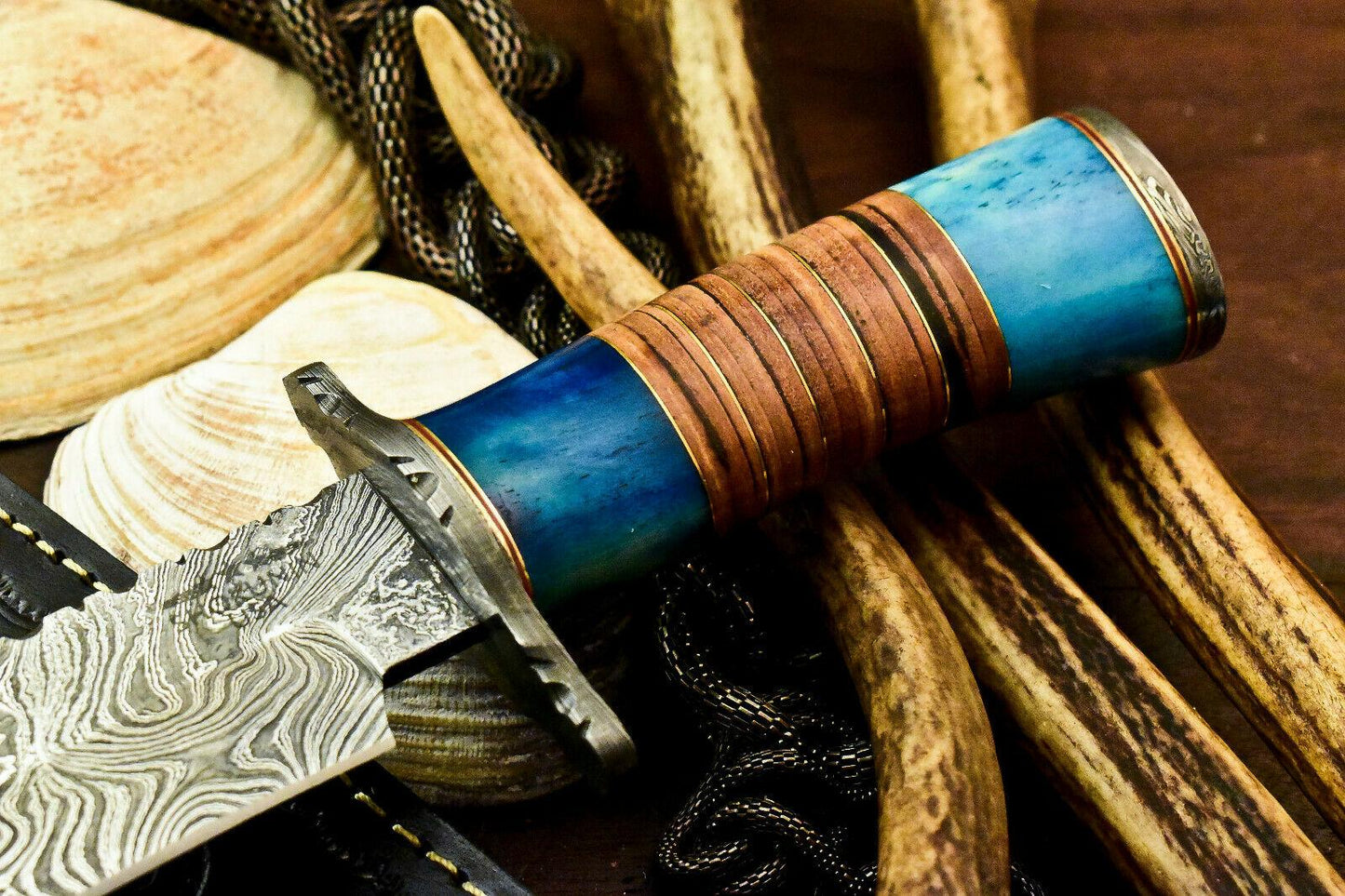 12" Damascus Bowie Knife | Stained Camel Bone Elegance