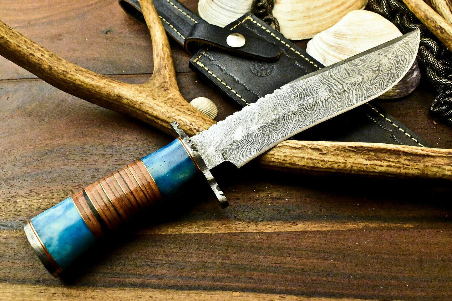 12" Damascus Bowie Knife | Stained Camel Bone Elegance