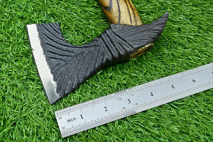 Handcrafted Viking Tomahawk Axe – Carbon Steel Blade with Rose Wood Handle and Leather Sheath, 14 Inch