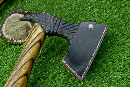 Handcrafted Viking Tomahawk Axe – Carbon Steel Blade with Rose Wood Handle and Leather Sheath, 14 Inch