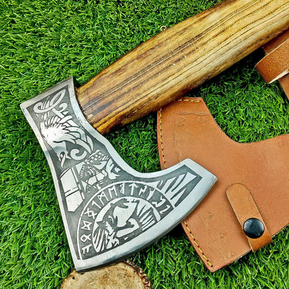 Custom Hand-Forged Carbon Steel Viking VALHALLA Axe – Tomahawk Throwing Axe with Leather Sheath
