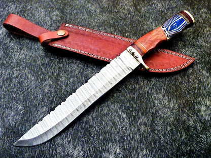 Authentic Hand Forged Damascus Hunting Knife 14.5" | Hard Wood Handle | Leather Sheath