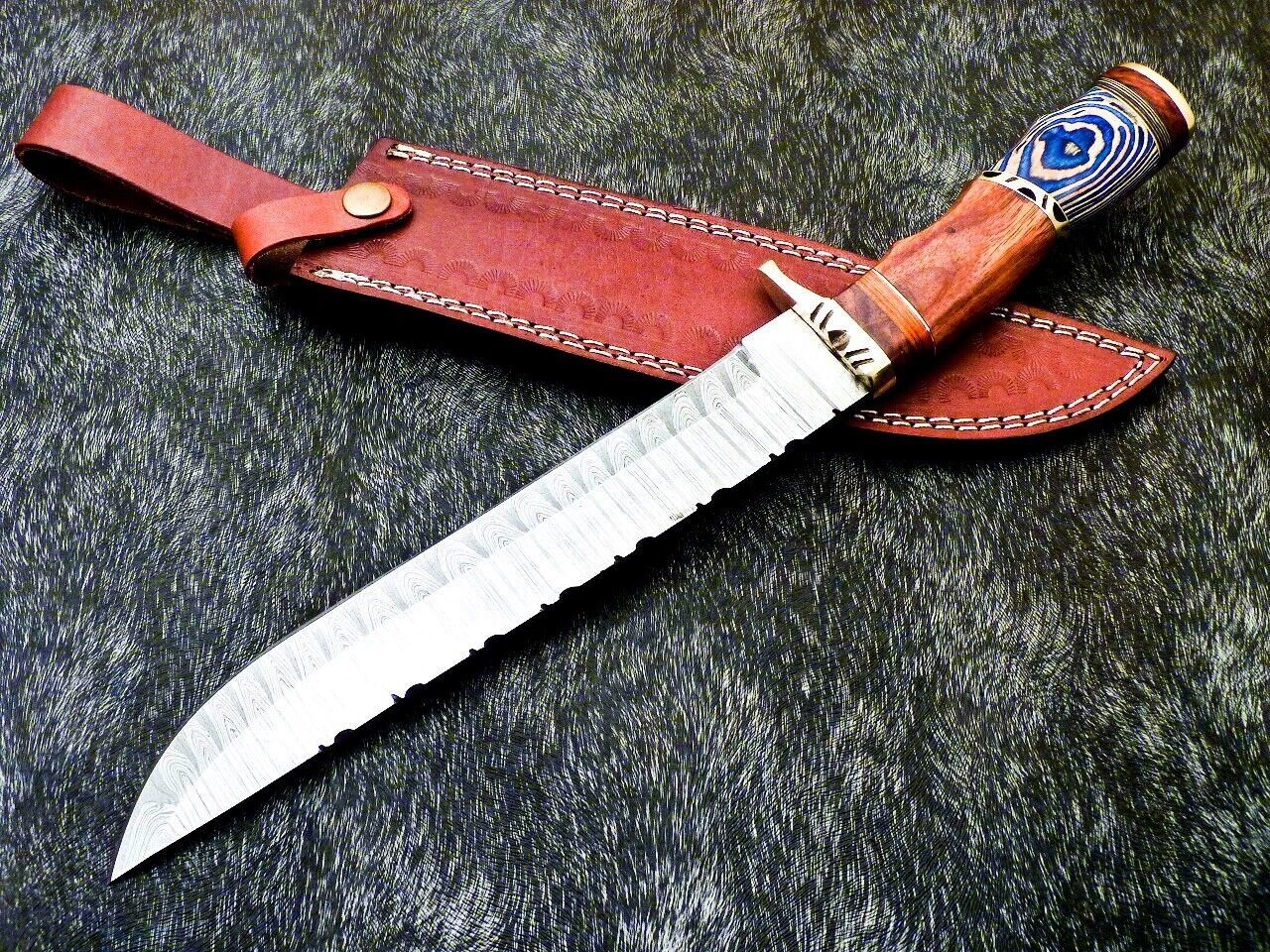 Authentic Hand Forged Damascus Hunting Knife 14.5" | Hard Wood Handle | Leather Sheath