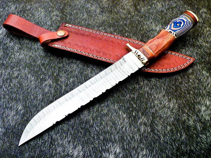 Authentic Hand Forged Damascus Hunting Knife 14.5" | Hard Wood Handle | Leather Sheath