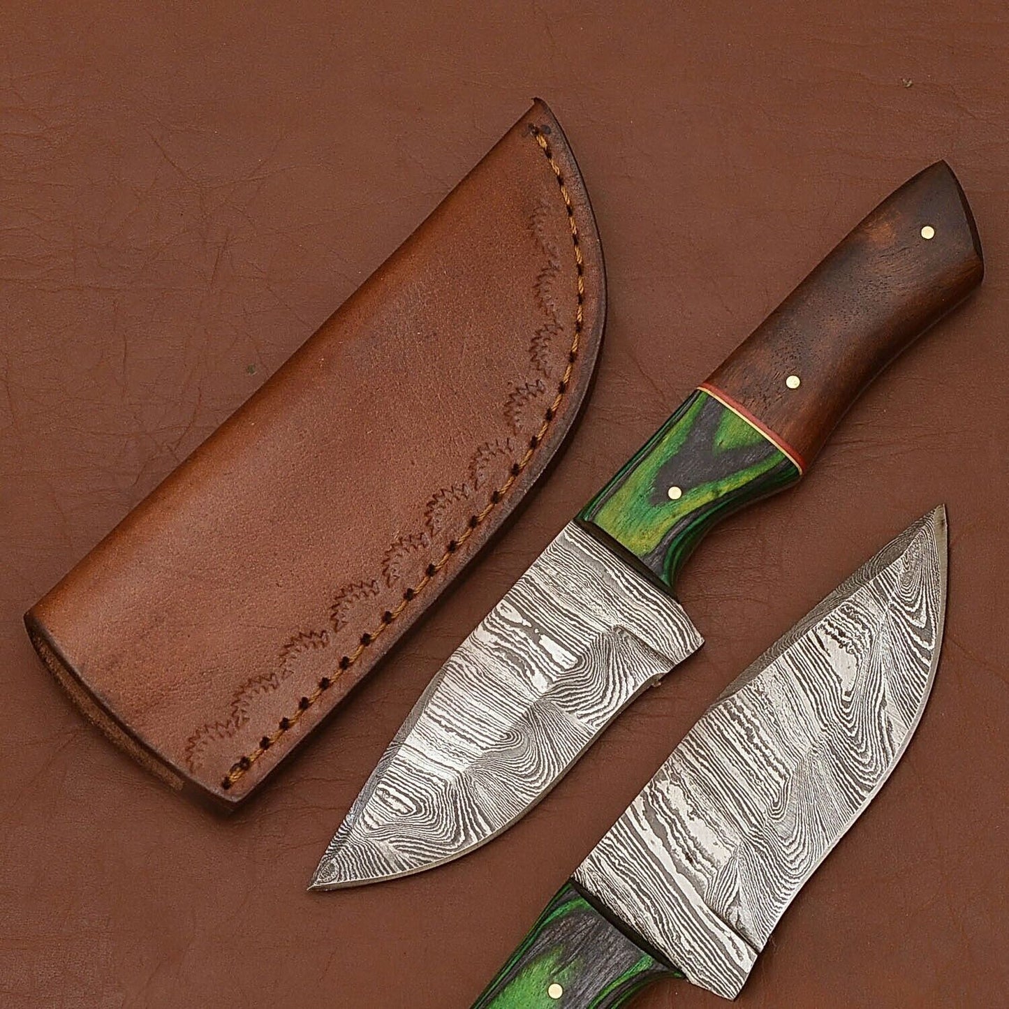 Twist Damascus Skinner Knife with Wood Handle and Leather Sheath for Hunting and Camping
